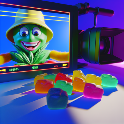 A cheerful cartoon mascot representing cannabis gummies.